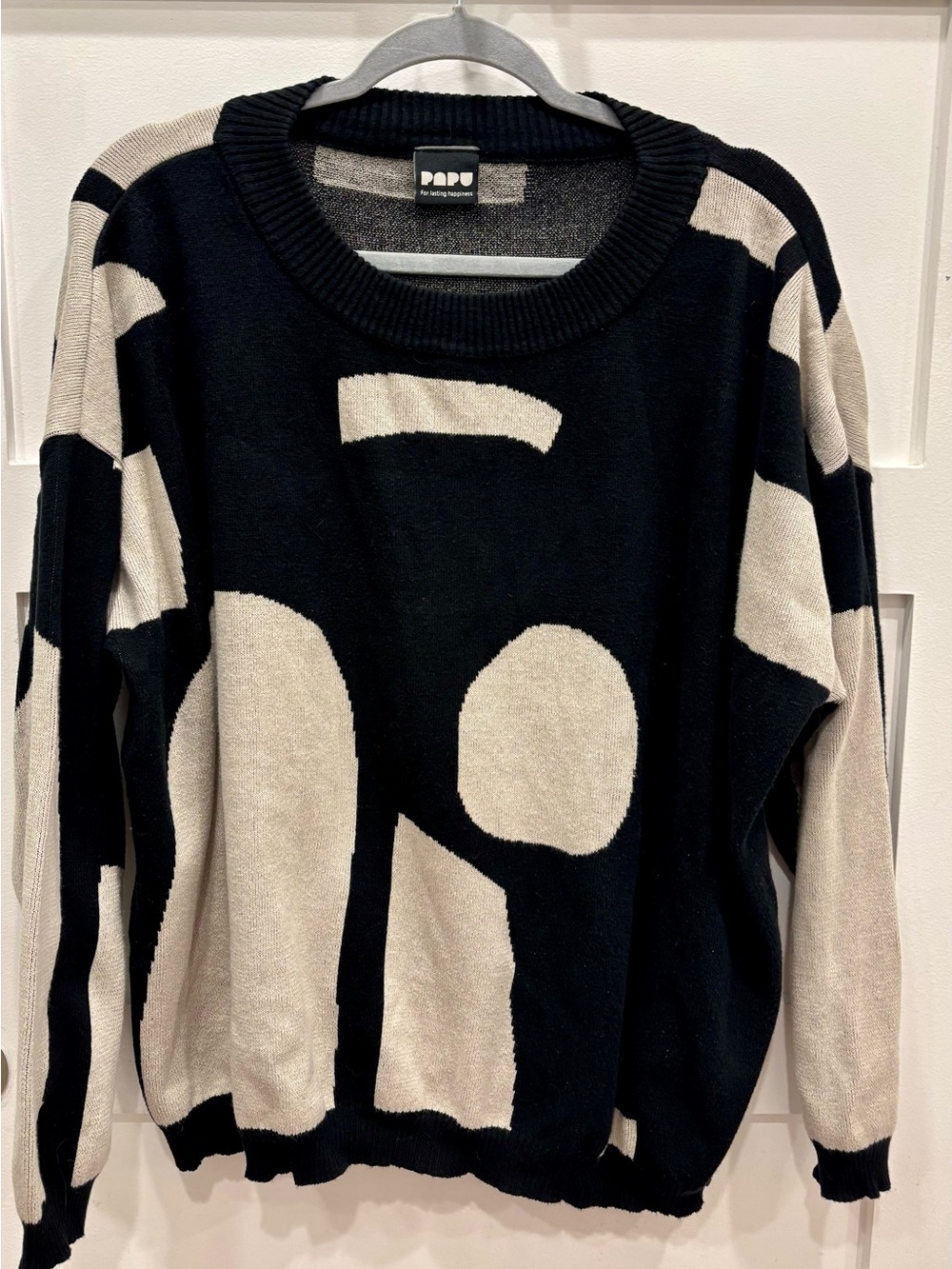 Papu Organic Cotton Black & Cream Abstract Design Crewneck Sweater
